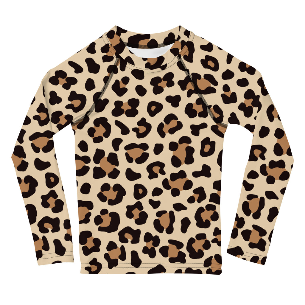 Kids beige long sleeve rash guard with bold black and tan leopard print swim shirt with UPF 50 plus protection