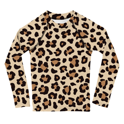 Kids Leopard Print Long Sleeve Rash Guard Swim Shirt With UPF 50+