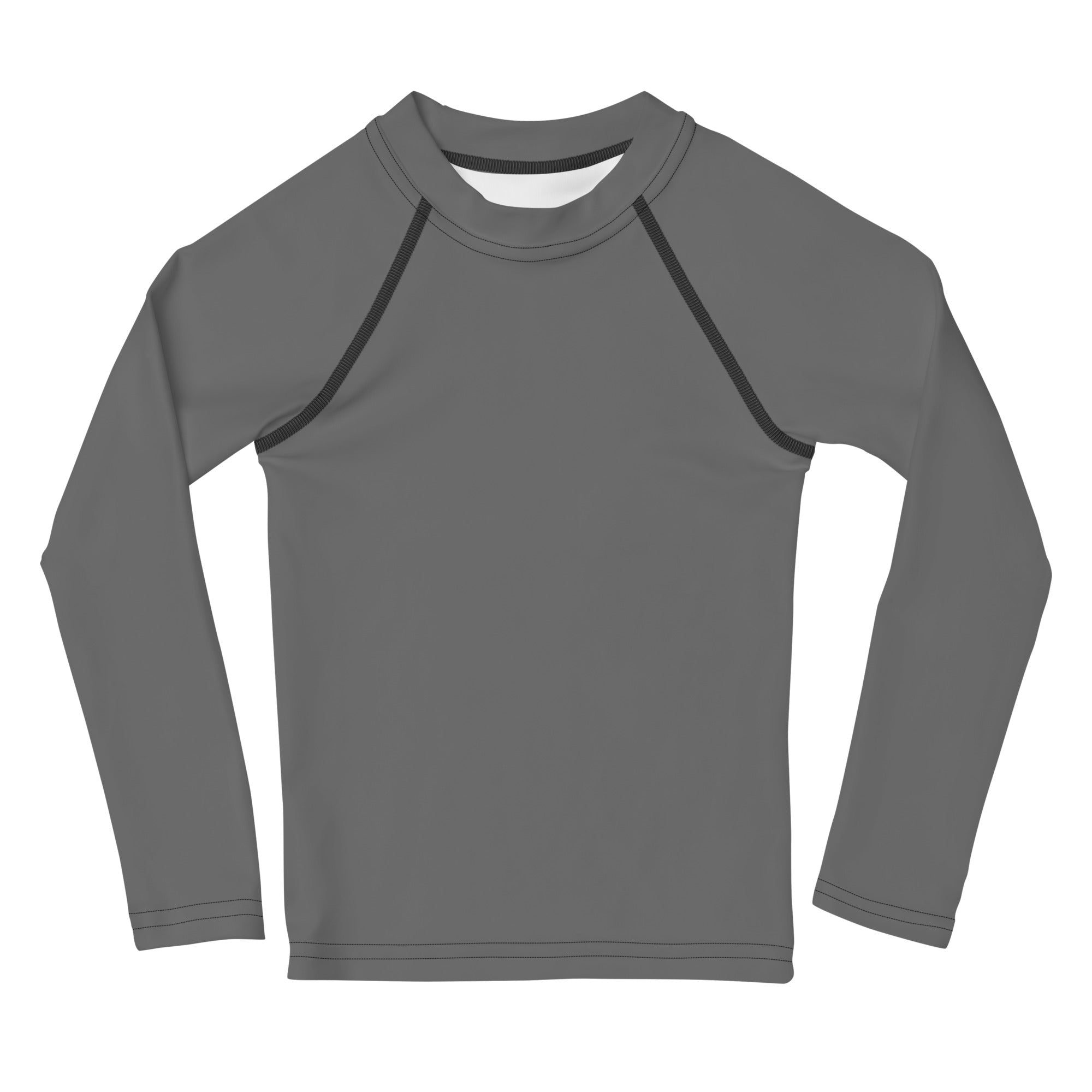 Kids gray long sleeve rash guard swim shirt with upf 50 plus featuring sleek dark gray fabric and black seam detailing