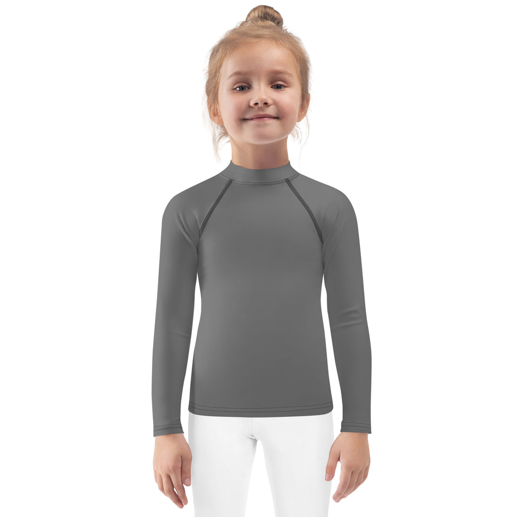 Kids gray long sleeve rash guard swim shirt with upf 50 plus high collar and raglan sleeves for sun protection