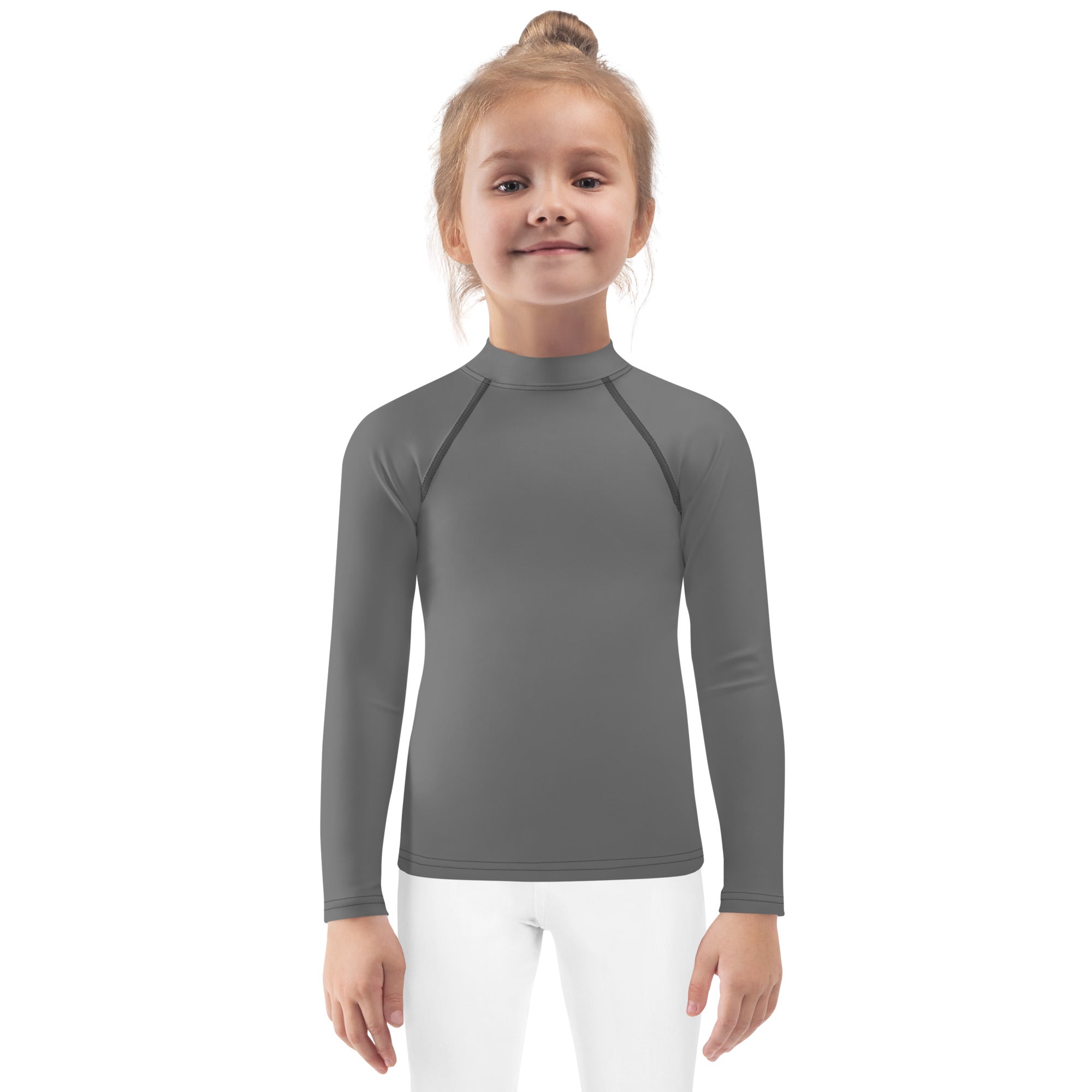 Kids gray long sleeve rash guard swim shirt with upf 50 plus high collar and raglan sleeves for sun protection