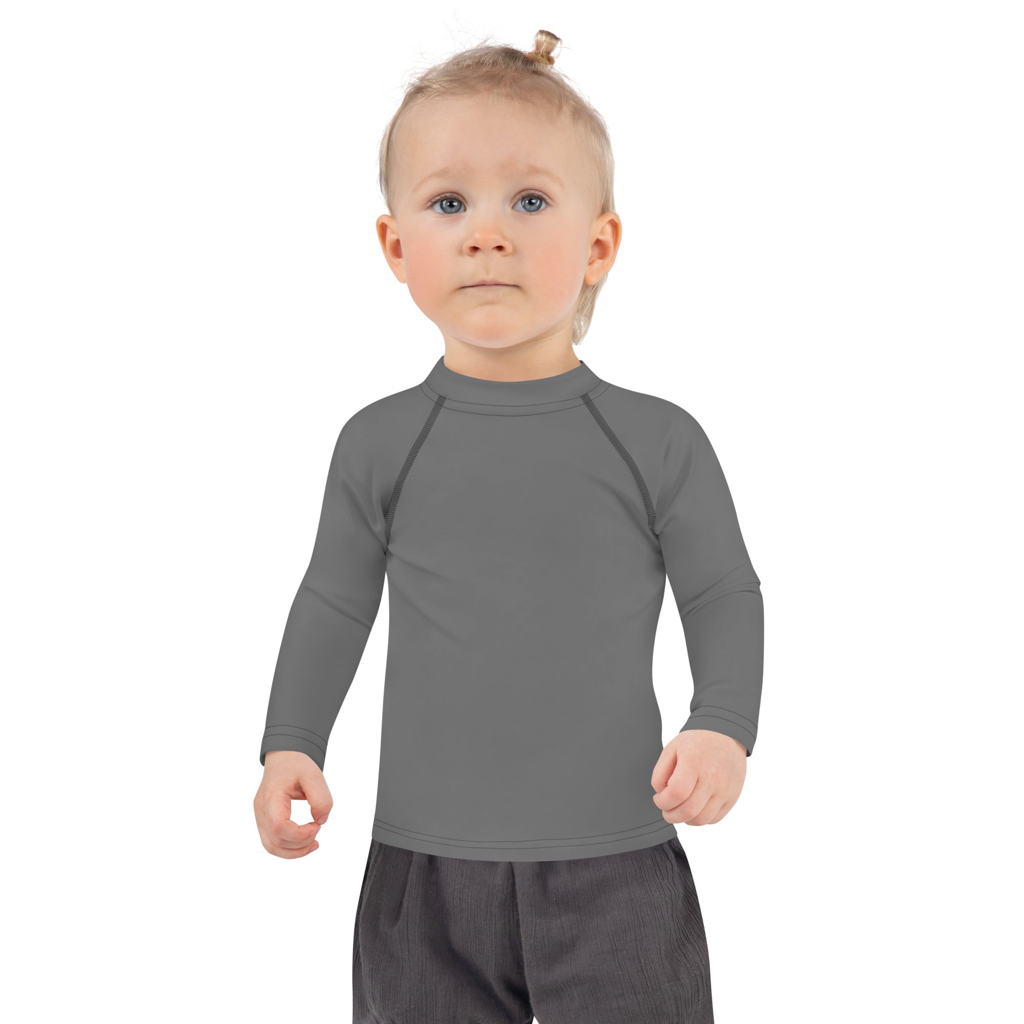 Kids gray long sleeve rash guard swim shirt with raglan sleeves high collar and UPF 50+ sun protection