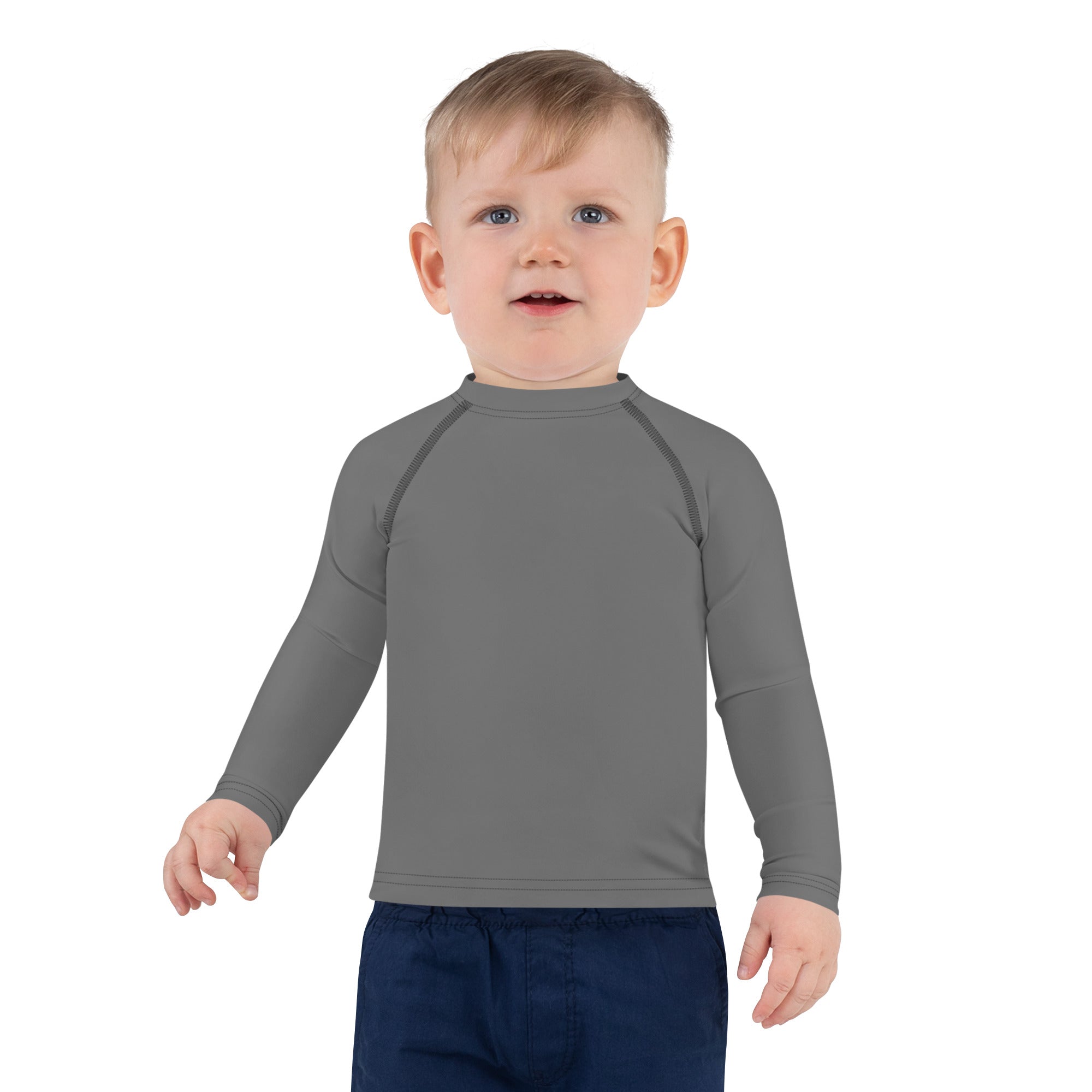 Kids gray long sleeve rash guard swim shirt with raglan sleeves high collar and UPF 50 plus sun protection