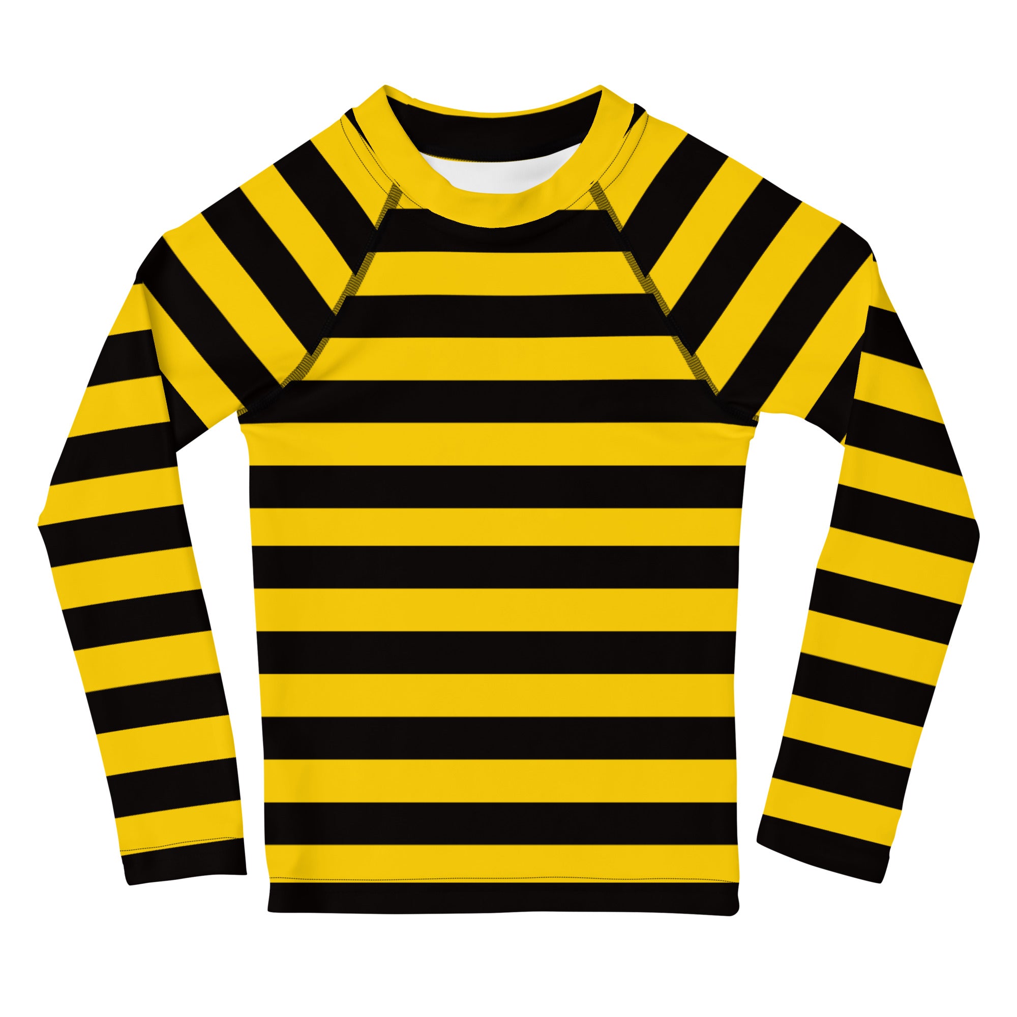 Kids bumblebee stripes long sleeve rash guard swim shirt in yellow and black with UPF 50+ for sun protection