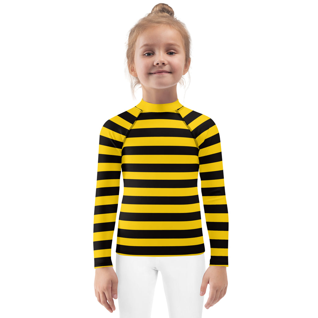 Kids bumblebee stripes long sleeve rash guard swim shirt in yellow and black with UPF 50 plus for sun protection