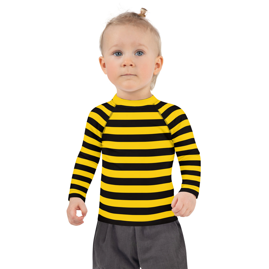 Kids bumblebee stripes long sleeve rash guard swim shirt in yellow and black with upf 50 plus protection