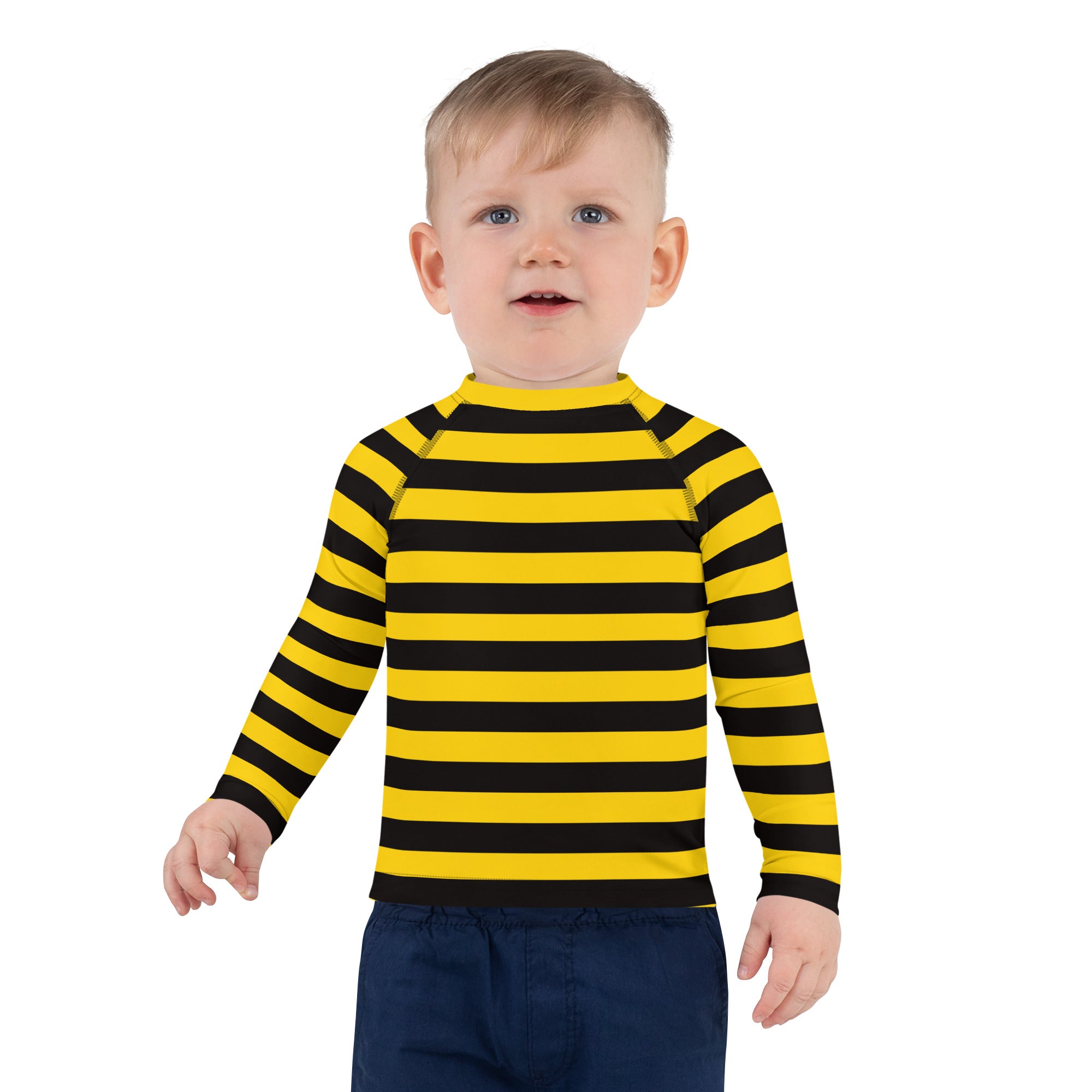 Kids bumblebee stripes long sleeve rash guard swim shirt in yellow and black with UPF 50 plus for sun protection