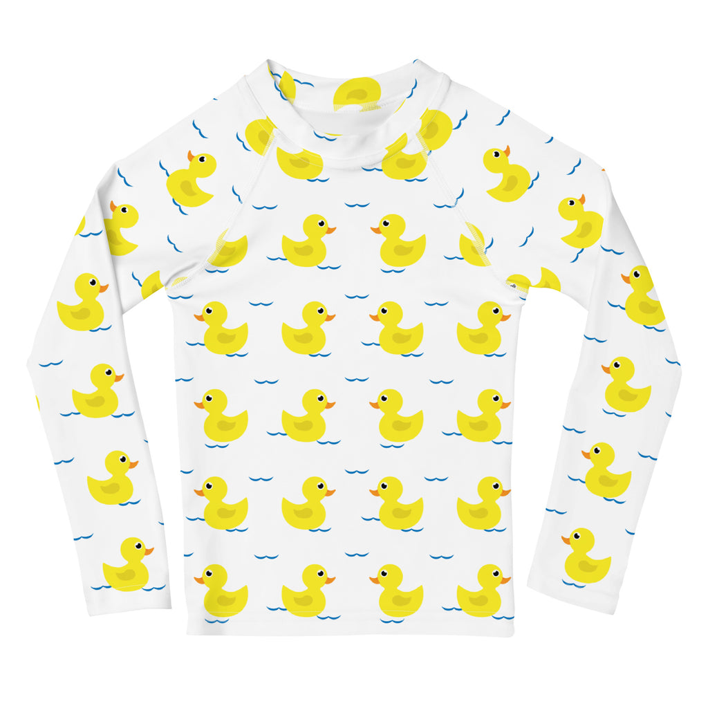 White long sleeve rash guard with yellow rubber ducks on blue waves kids swim shirt with UPF 50 plus protection