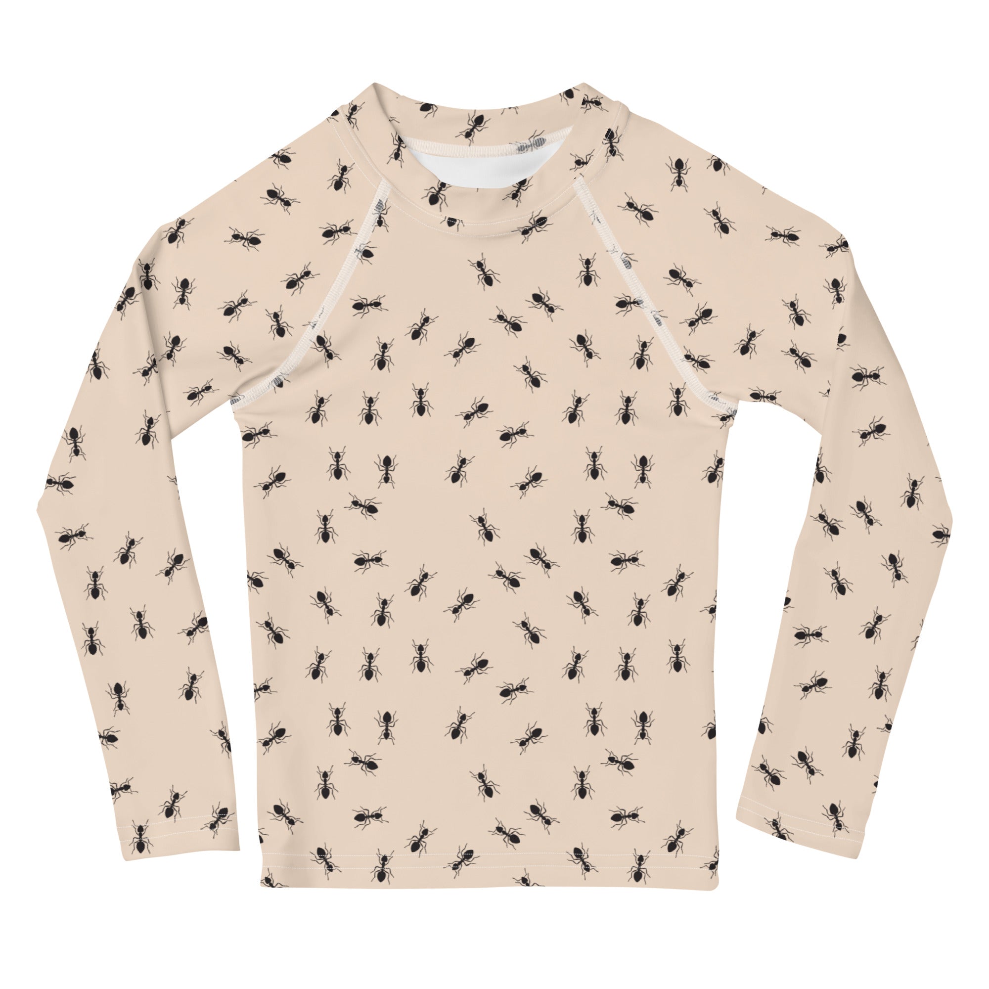 Beige kids long sleeve rash guard swim shirt with black ant pattern and upf 50 plus sun protection