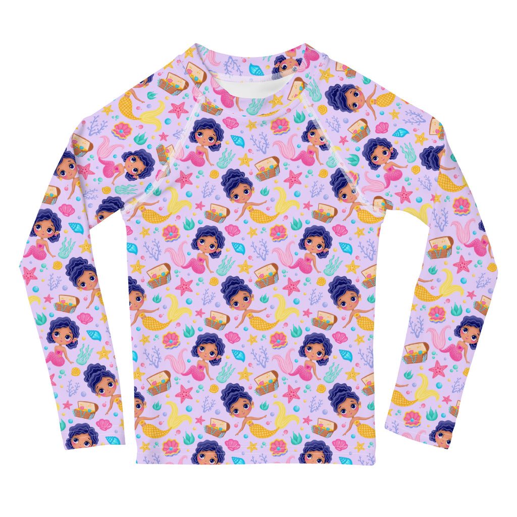 Girls mermaid adventure long sleeve rash guard swim shirt in pink with cartoon mermaids and upf 50 plus protection on lavender