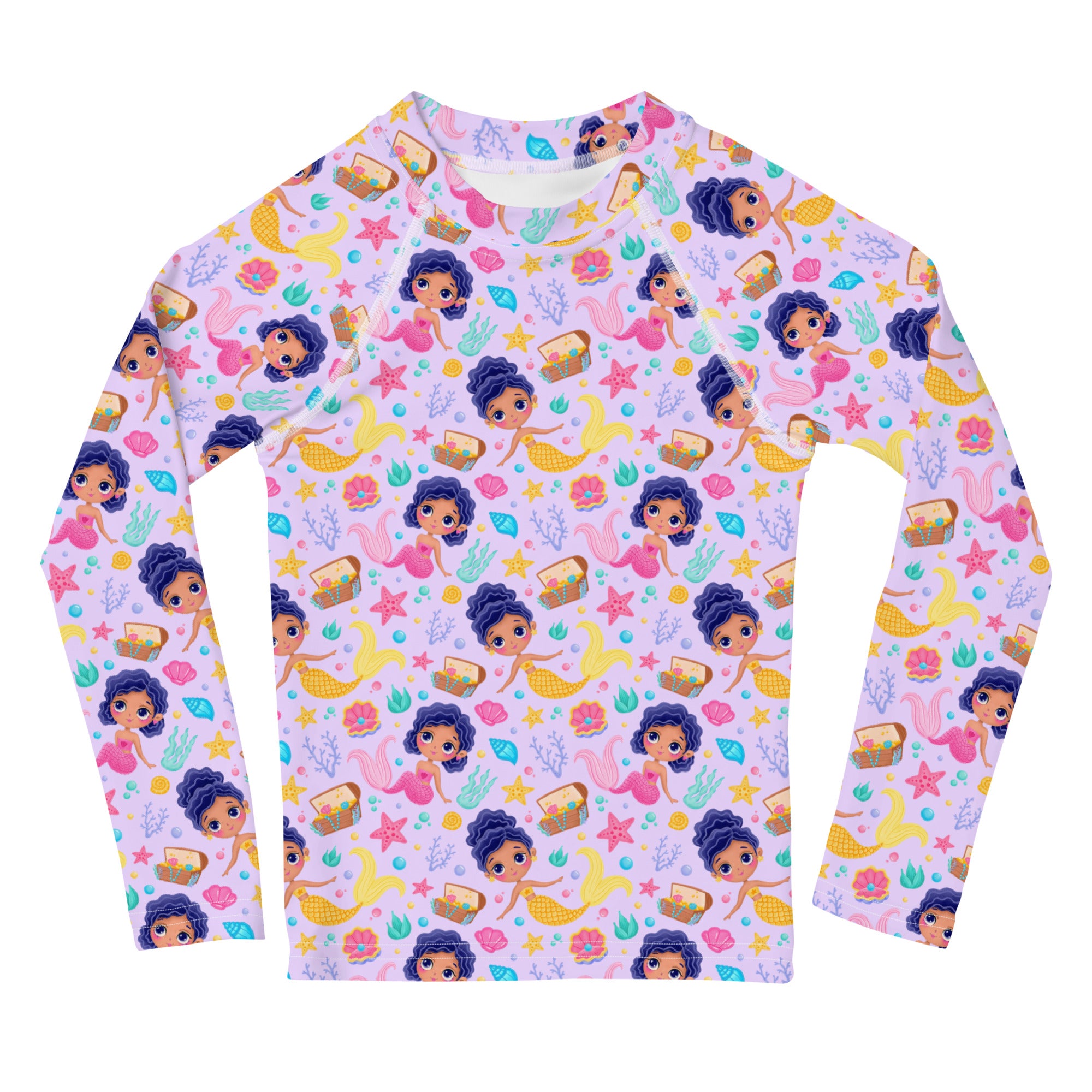 Girls mermaid adventure long sleeve rash guard swim shirt in pink with cartoon mermaids and upf 50 plus protection on lavender