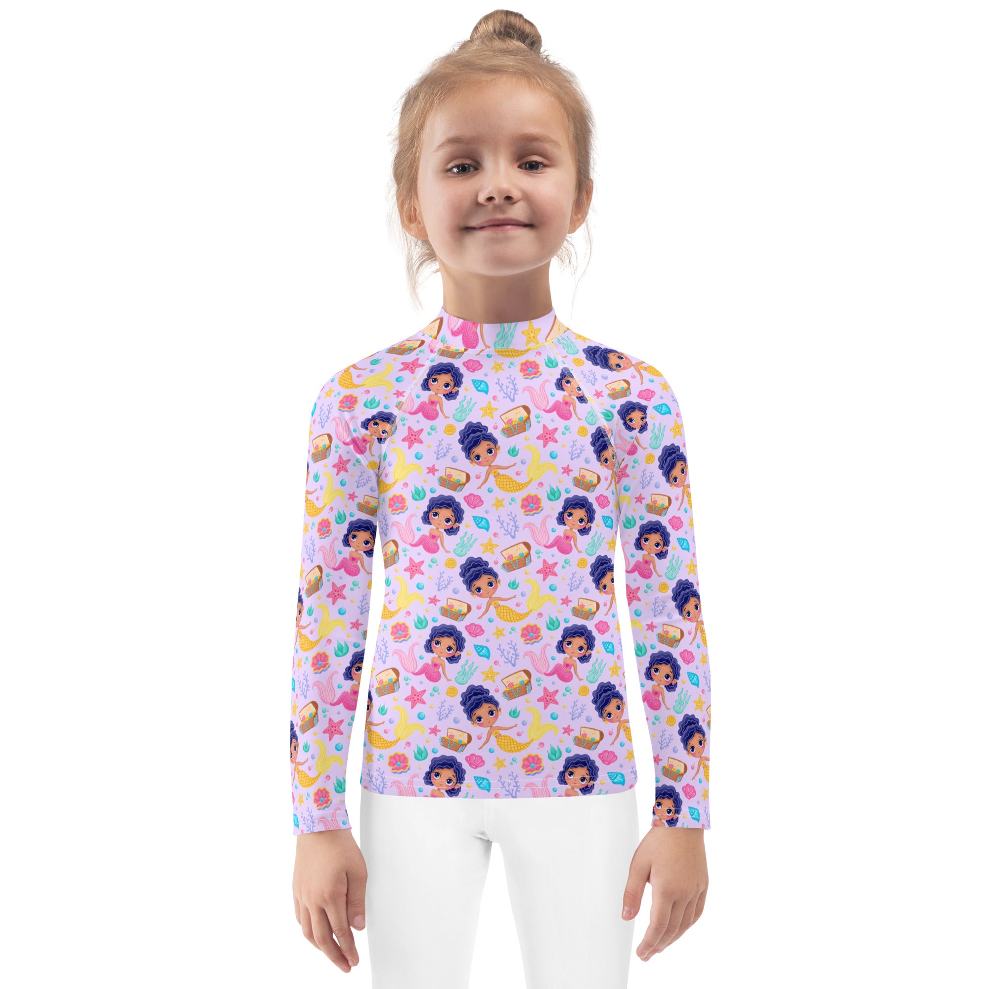 Girls mermaid adventure long sleeve rash guard with UPF 50 plus featuring purple hair mermaids on pastel pink