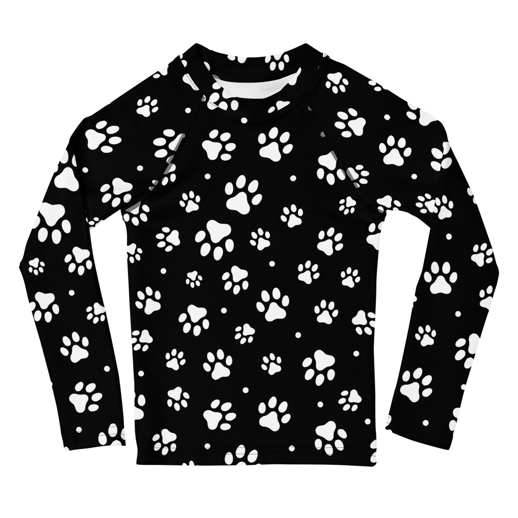 Kids Paw Print Long Sleeve Rash Guard Swim Shirt With UPF 50+
