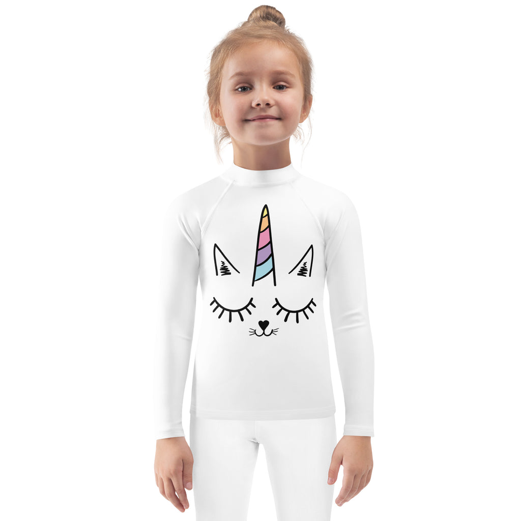 White long-sleeved rash guard with colorful unicorn horn and black cat face design for girls swim shirt upf 50+