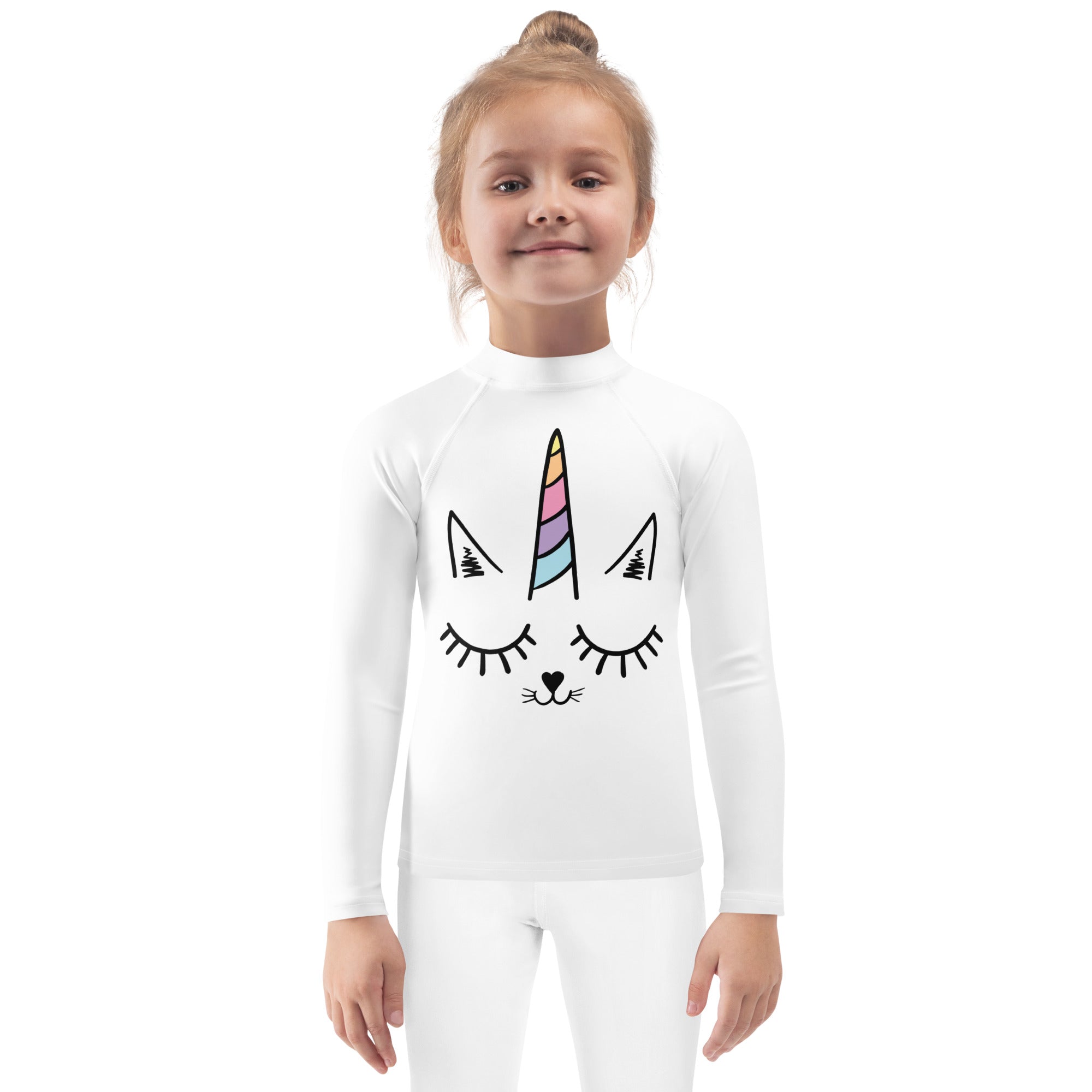 White long-sleeved rash guard with colorful unicorn horn and black cat face design for girls swim shirt upf 50+
