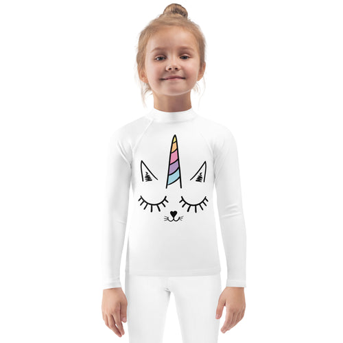 White long-sleeved rash guard with colorful unicorn horn and black cat face design for girls swim shirt upf 50+