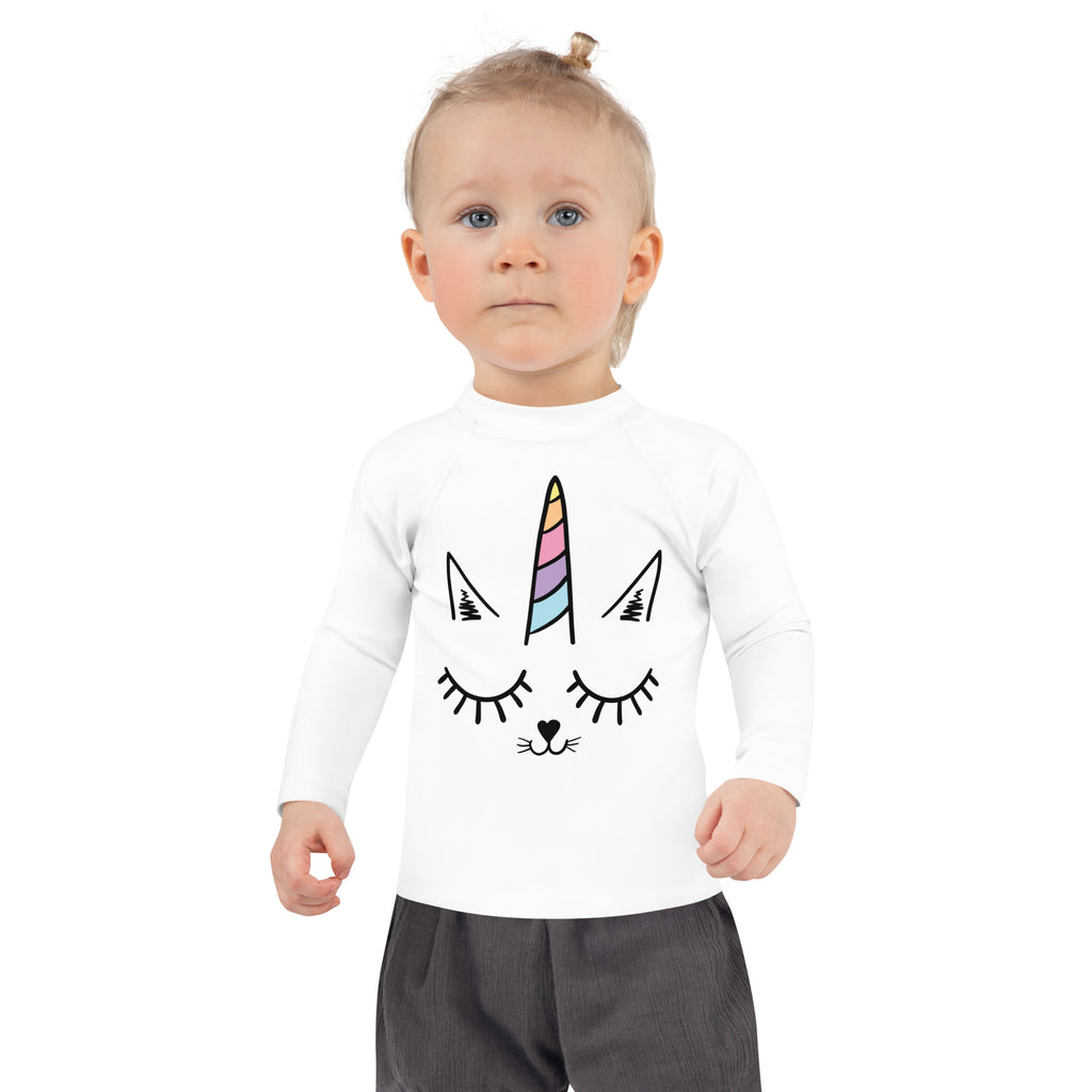 White girls caticorn long sleeve rash guard swim shirt with colorful rainbow unicorn horn and black cat face design