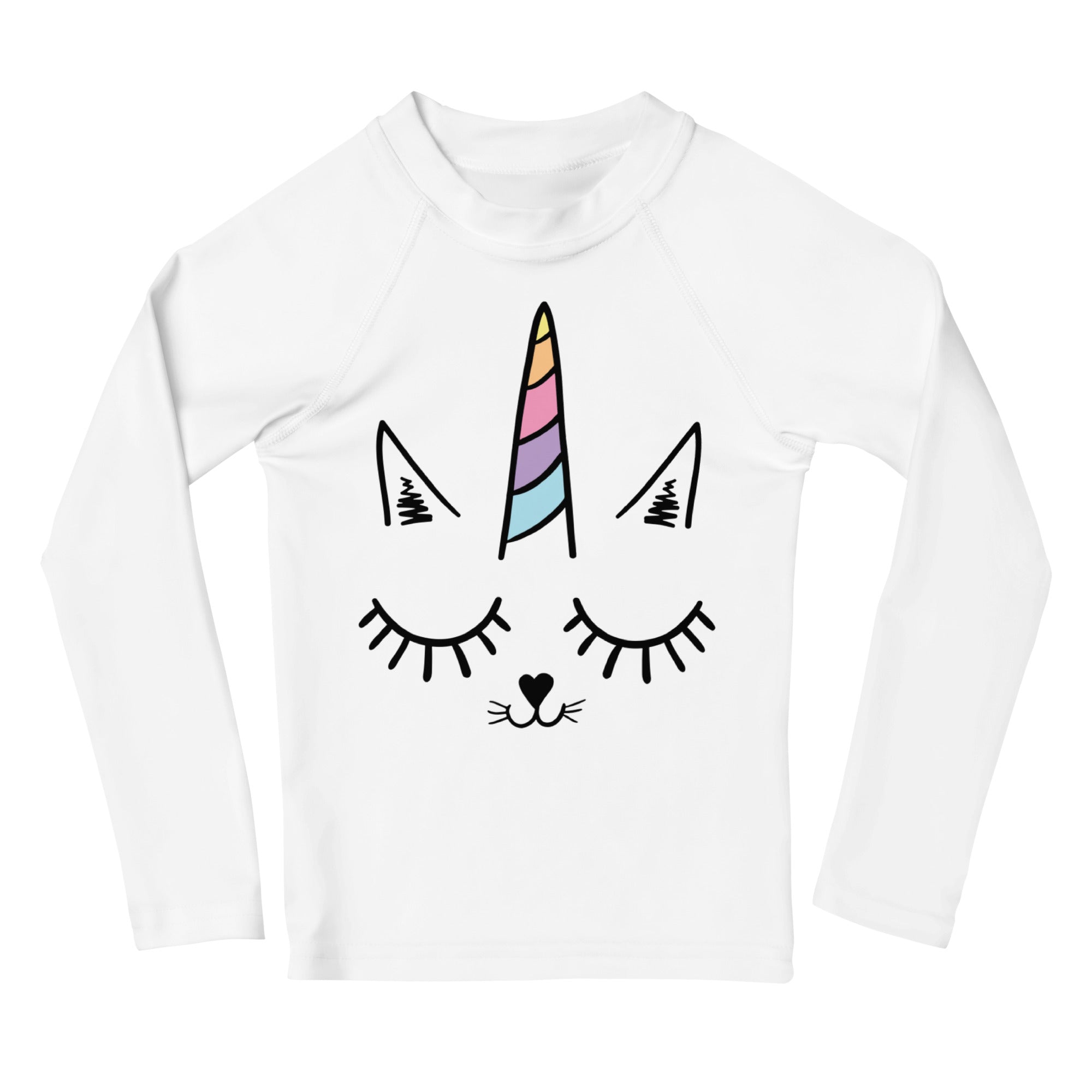 White girls long sleeve rash guard swim shirt with cartoon unicorn cat face and rainbow horn upf 50+ protection