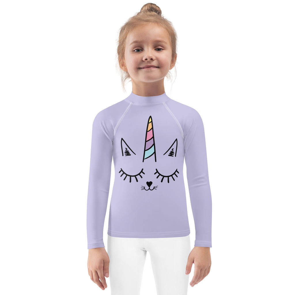 Lavender girls caticorn long sleeve rash guard swim shirt with upf 50 plus featuring unicorn cat face design