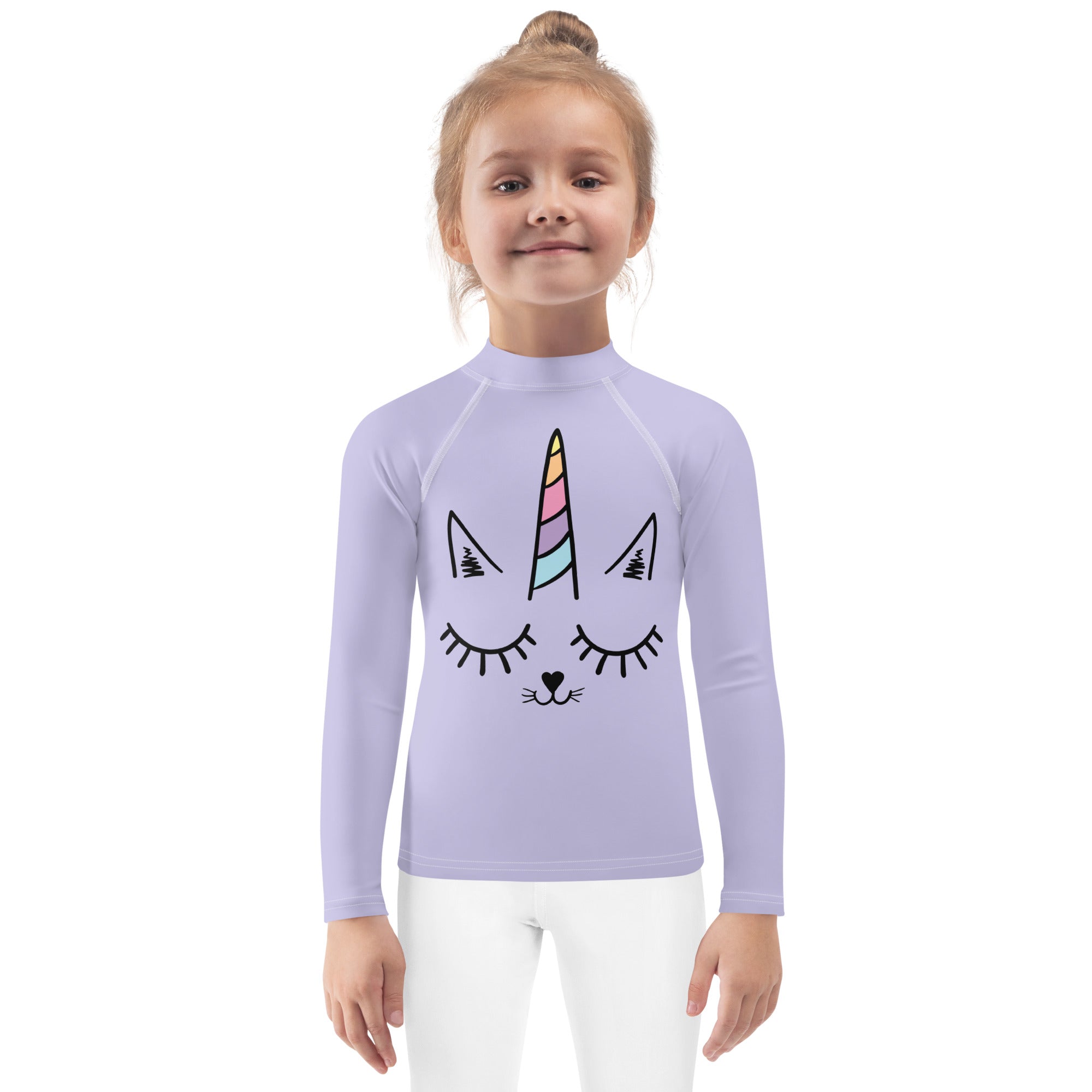 Lavender girls caticorn long sleeve rash guard swim shirt with upf 50 plus featuring unicorn cat face design