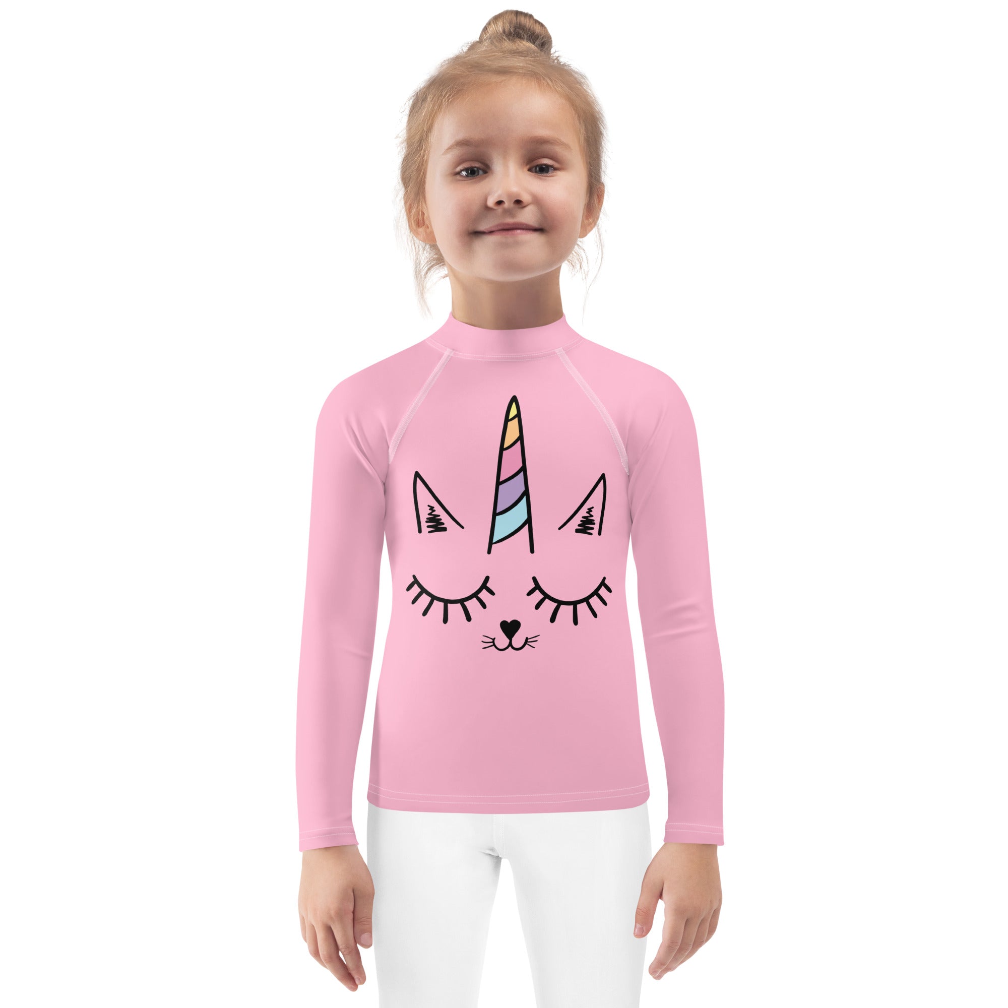 Pink girls long sleeve rash guard swim shirt with cartoon unicorn face and upf 50 plus sun protection