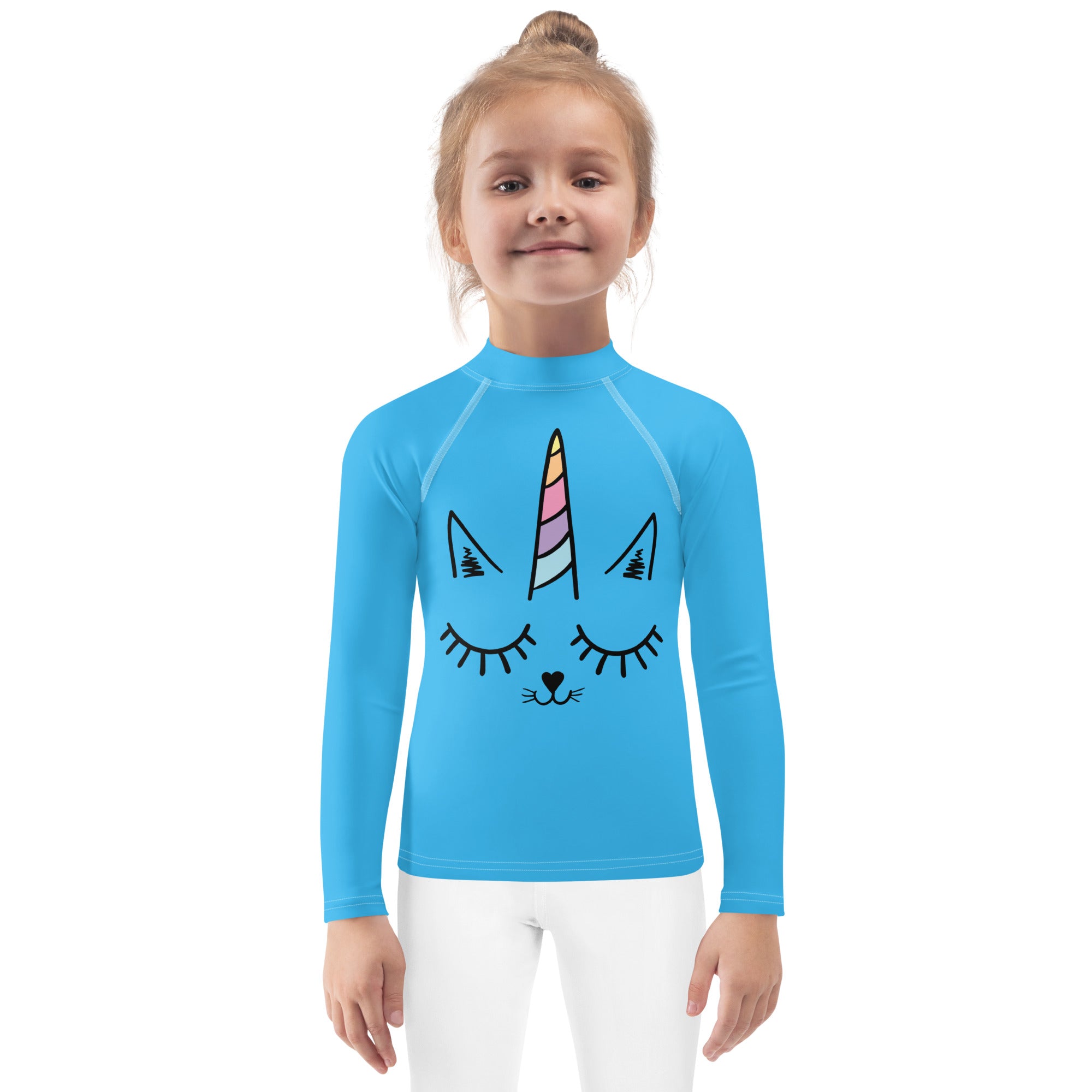 Bright blue girls long sleeve rash guard with playful unicorn cat face design and upf 50 plus sun protection
