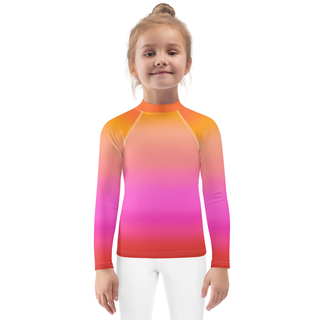 Girls sunset ombre long sleeve rash guard swim shirt with upf 50 plus featuring orange to red gradient stretchy fabric