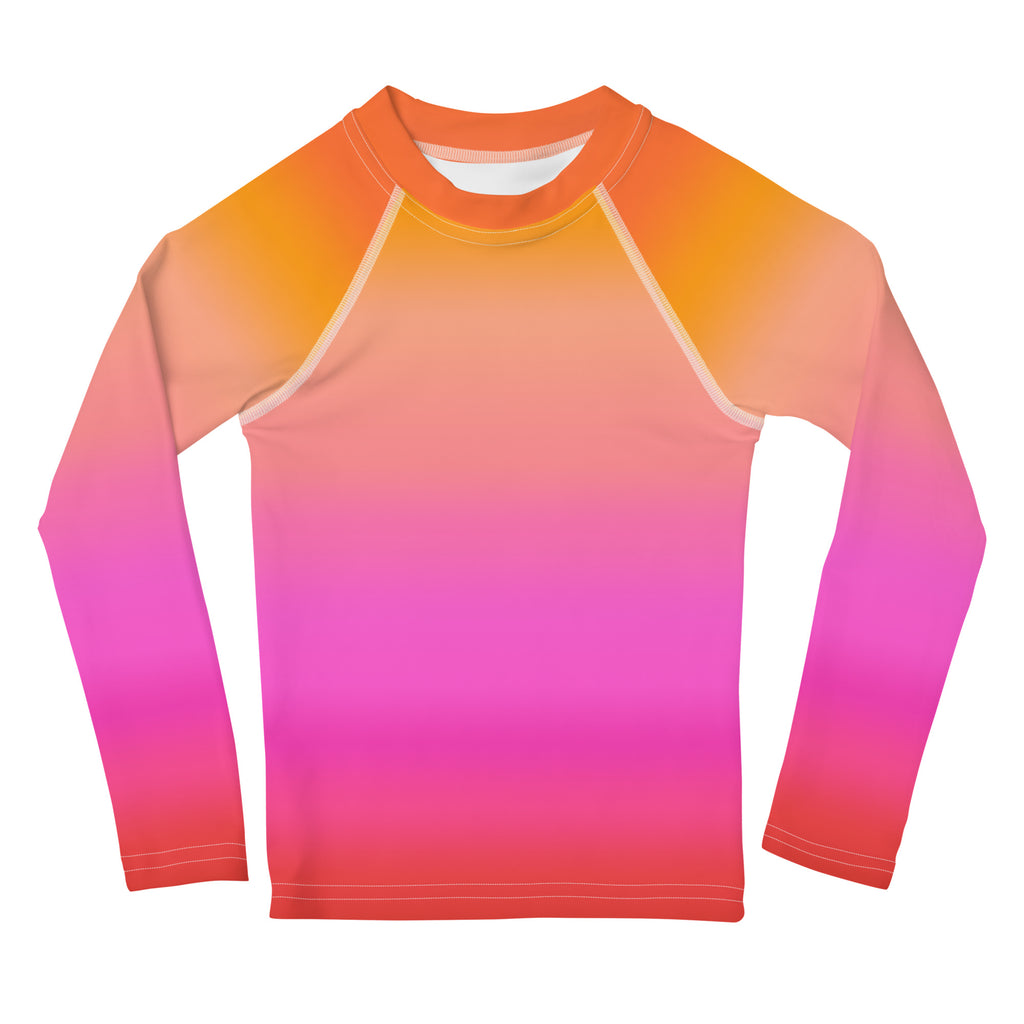 Girls sunset ombre long sleeve rash guard swim shirt with UPF 50 plus in vibrant orange to red gradient with white stitching