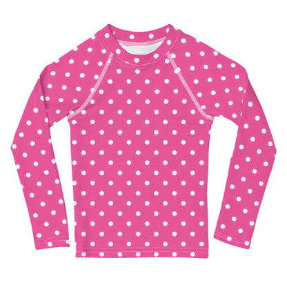 Girls Pink Polka Dot Long Sleeve Rash Guard Swim Shirt With UPF 50+