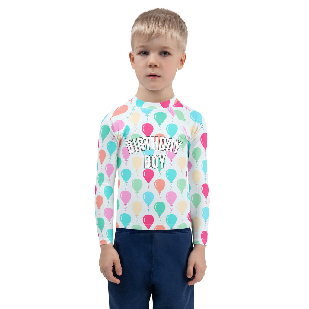 White long sleeve rash guard swim shirt with colorful balloons pattern birthday boy text and UPF 50 plus protection