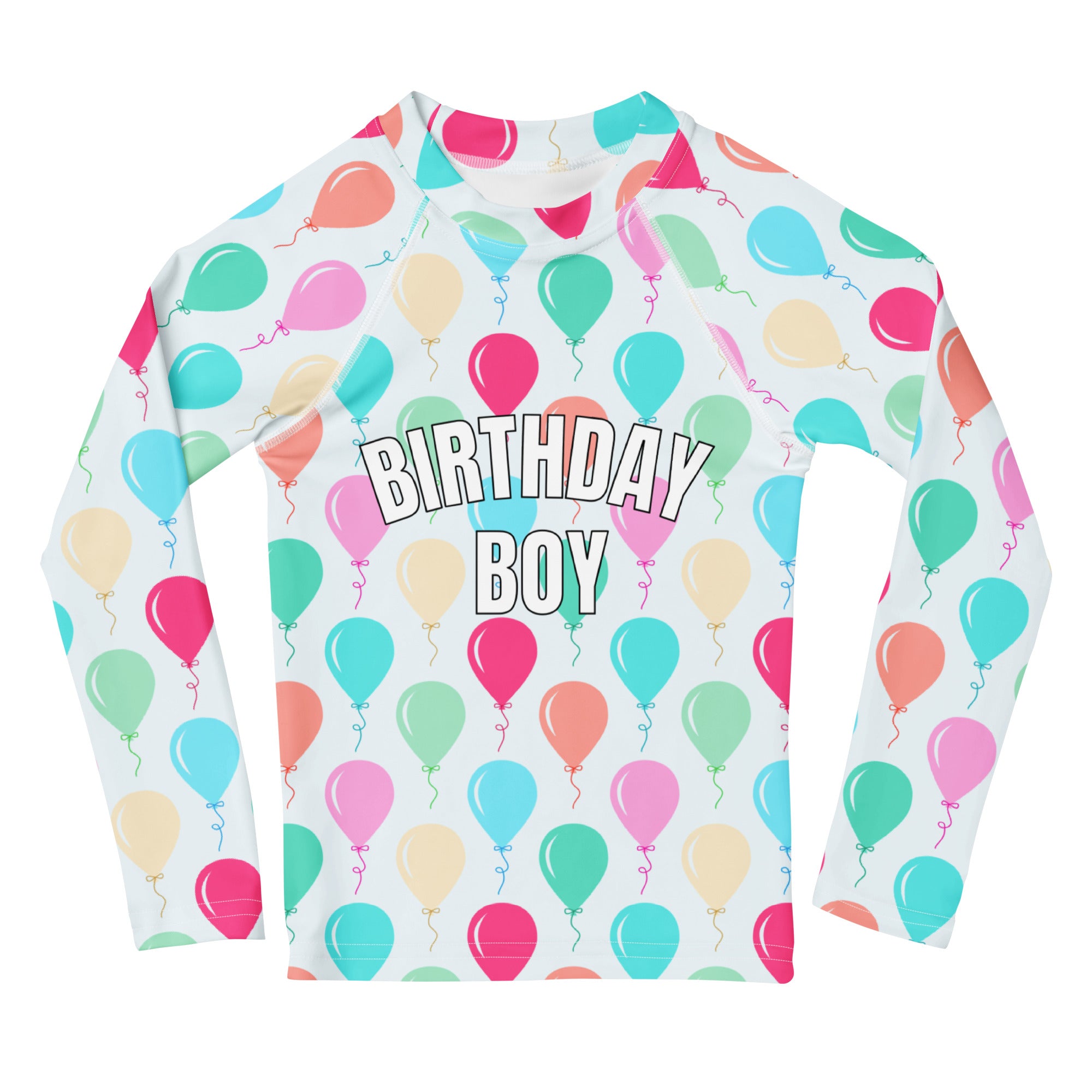 Birthday boy colorful balloons long sleeve rash guard swim shirt with vibrant multicolored balloon print and upf 50+ protection