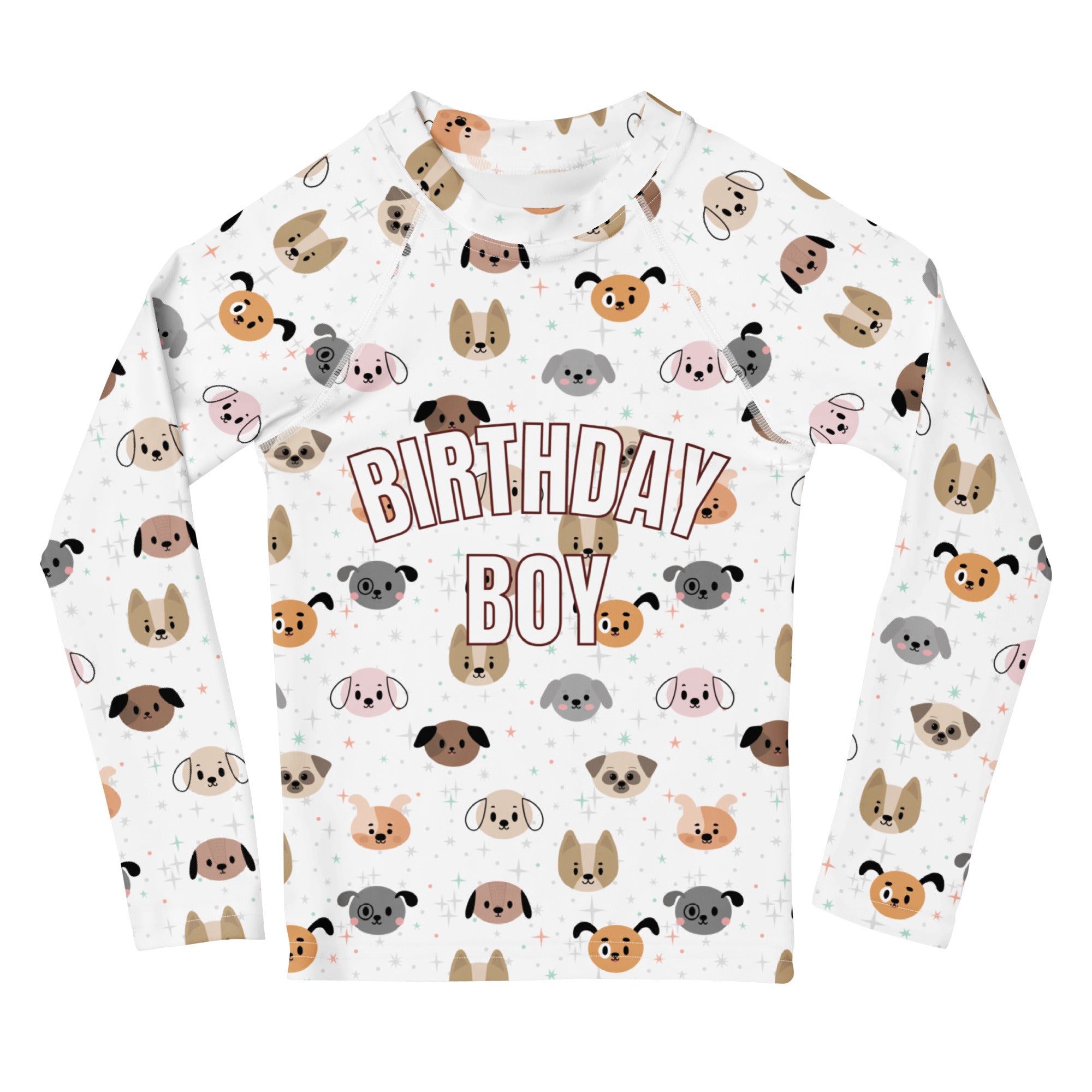 Birthday Boy Dog Face Long Sleeve Rash Guard Swim Shirt With UPF 50+