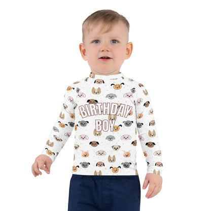 Birthday Boy Dog Face Long Sleeve Rash Guard Swim Shirt With UPF 50+