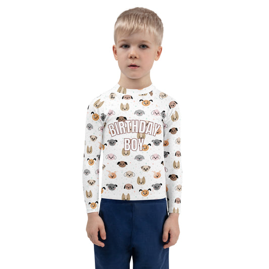 Birthday Boy Dog Face Long Sleeve Rash Guard Swim Shirt With UPF 50+