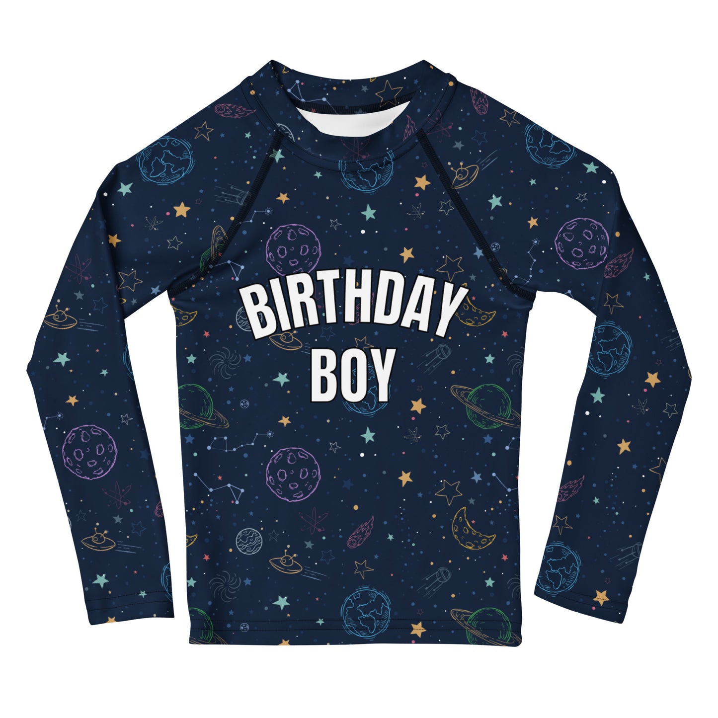 Birthday Boy Colorful Galaxy Space Long Sleeve Rash Guard Swim Shirt With UPF 50+