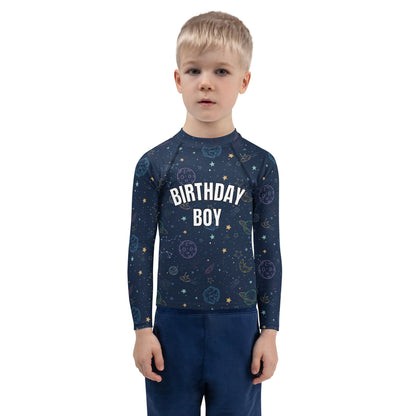 Birthday Boy Colorful Galaxy Space Long Sleeve Rash Guard Swim Shirt With UPF 50+