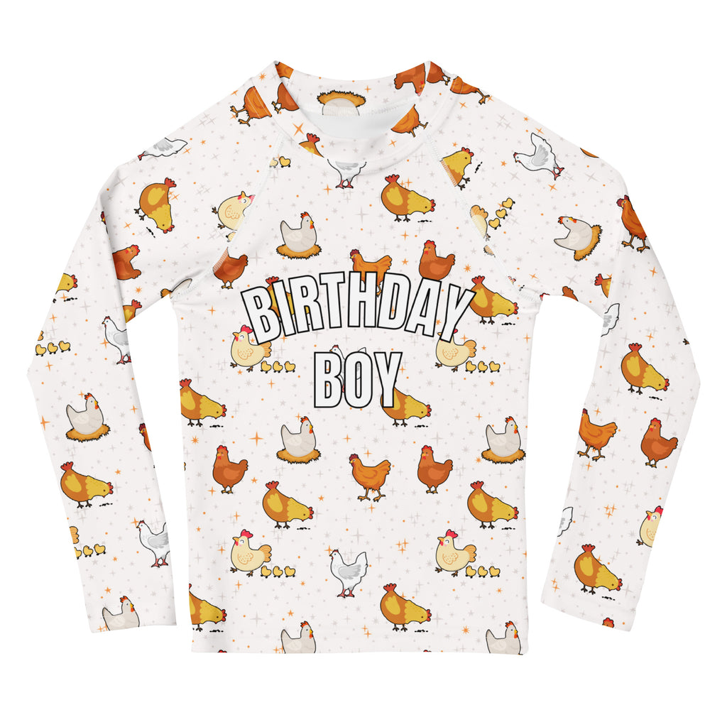 White long sleeve rash guard swim shirt with upf 50 plus featuring colorful cartoon chickens and birthday boy text