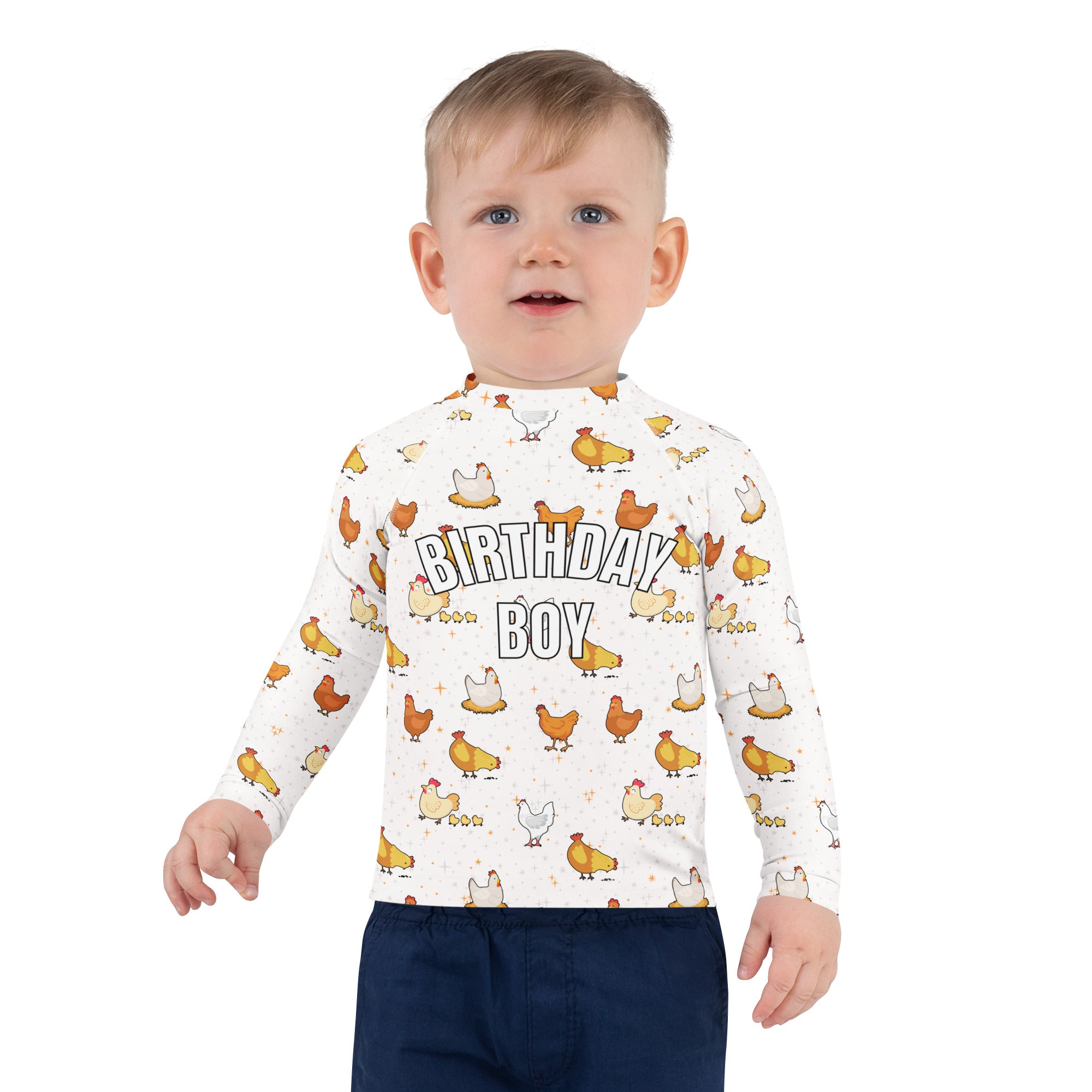 White long sleeve rash guard swim shirt with colorful cartoon chickens and birthday boy text with upf 50 plus