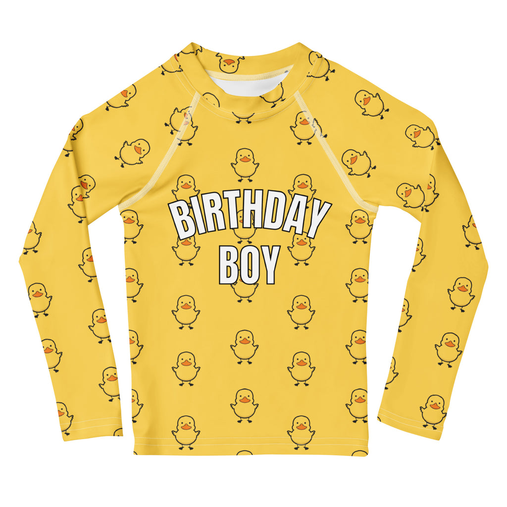 Yellow long sleeve rash guard swim shirt with cartoon ducks and bold white birthday boy lettering with upf 50+