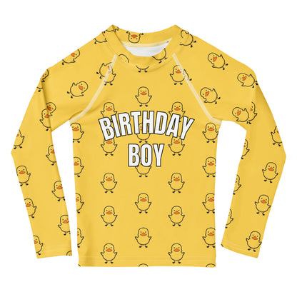 Birthday Boy Yellow Rubber Duck Long Sleeve Rash Guard Swim Shirt With UPF 50+