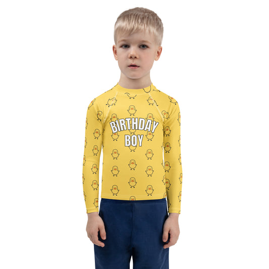 Birthday Boy Yellow Rubber Duck Long Sleeve Rash Guard Swim Shirt With UPF 50+