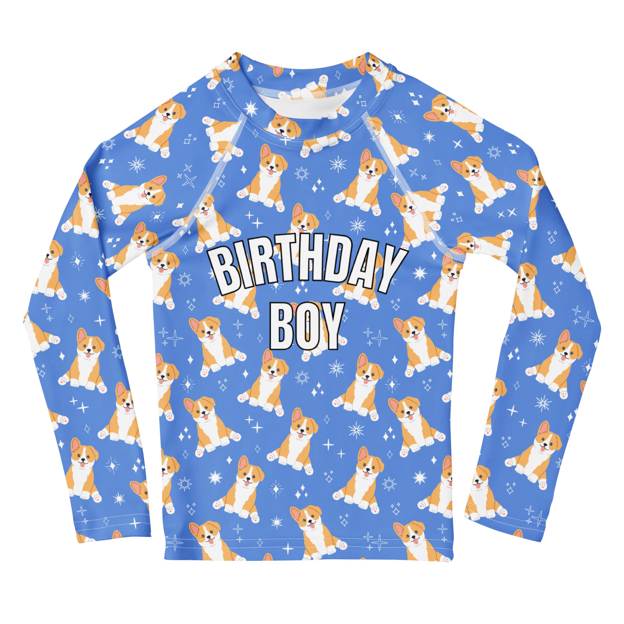 Birthday Boy Blue Corgi Dog Long Sleeve Rash Guard Swim Shirt With UPF 50+