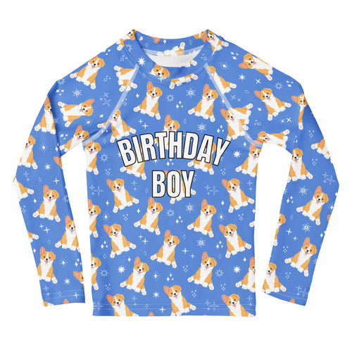 Birthday Boy Blue Corgi Dog Long Sleeve Rash Guard Swim Shirt With UPF 50+