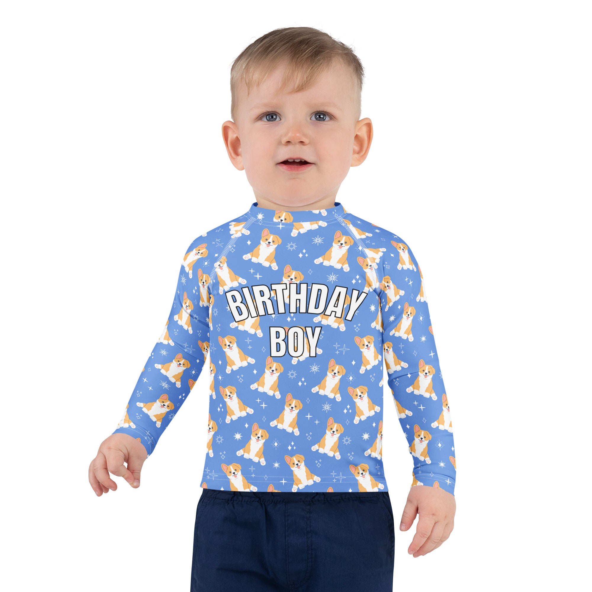 Birthday Boy Blue Corgi Dog Long Sleeve Rash Guard Swim Shirt With UPF 50+