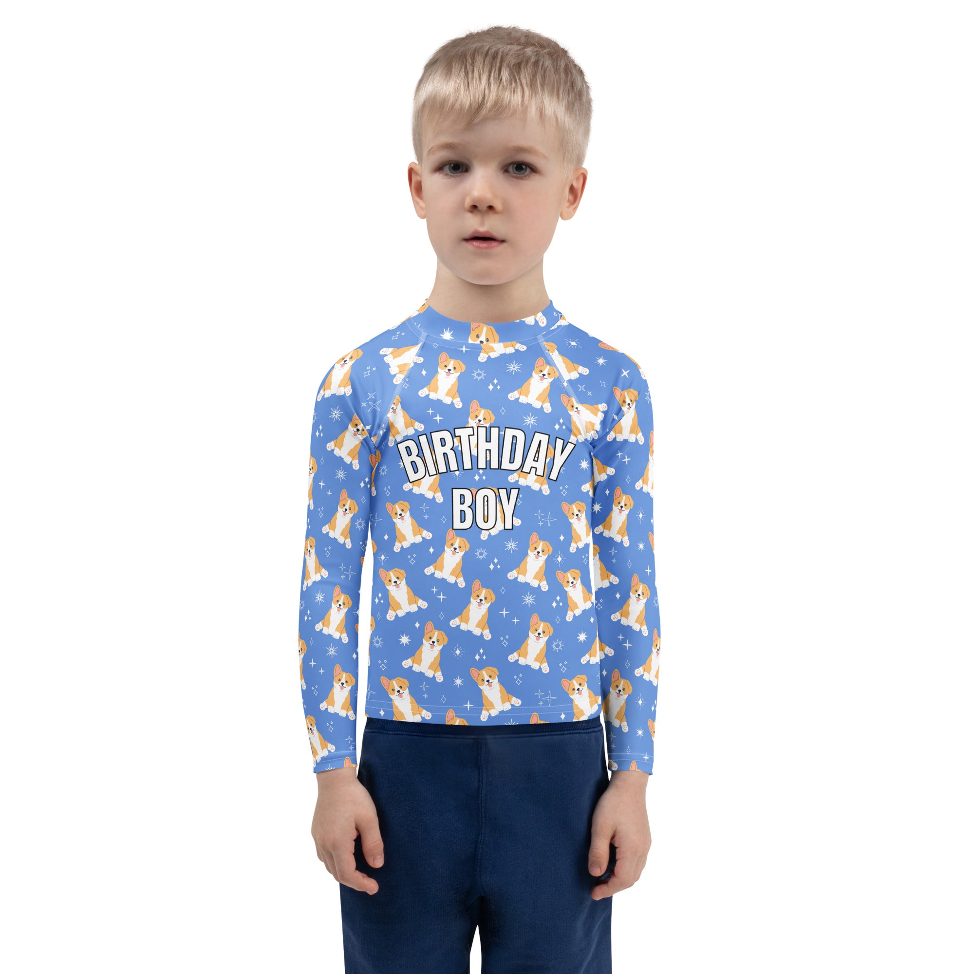 Birthday Boy Blue Corgi Dog Long Sleeve Rash Guard Swim Shirt With UPF 50+