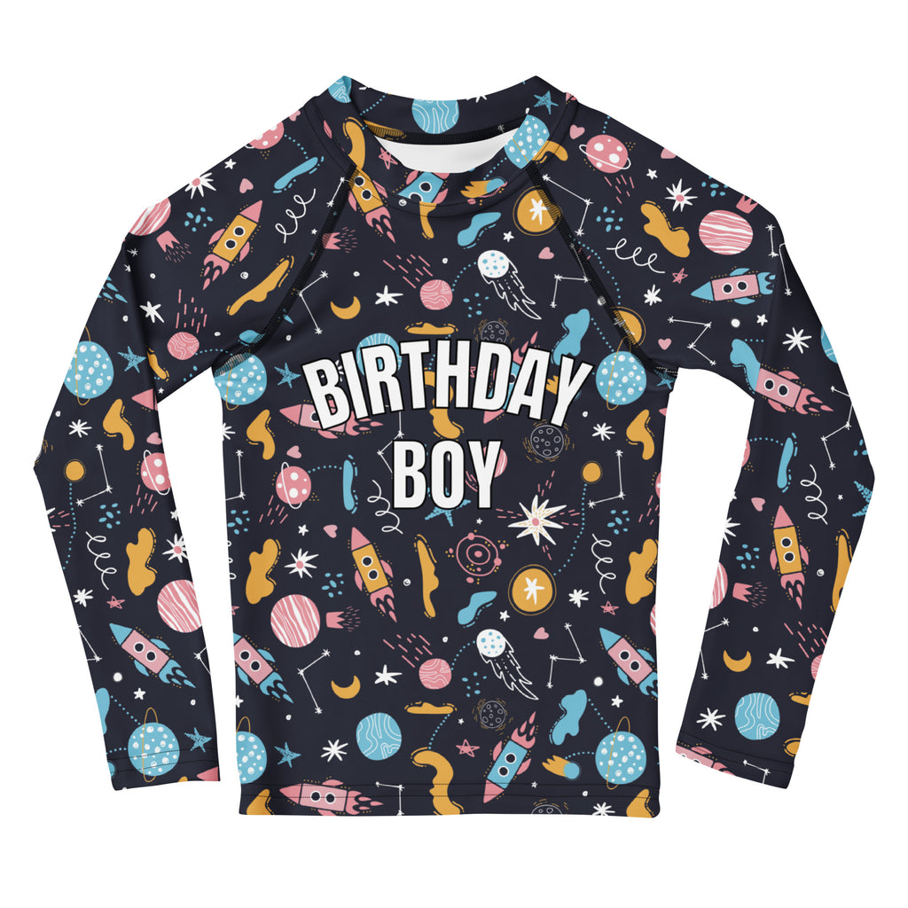 Birthday Boy Outer Space Long Sleeve Rash Guard Swim Shirt With UPF 50+