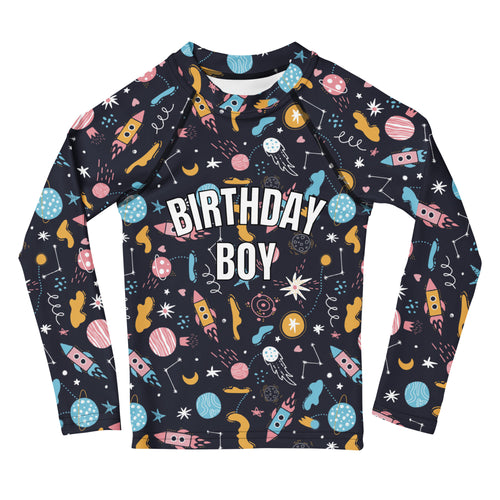 Birthday Boy Outer Space Long Sleeve Rash Guard Swim Shirt With UPF 50+