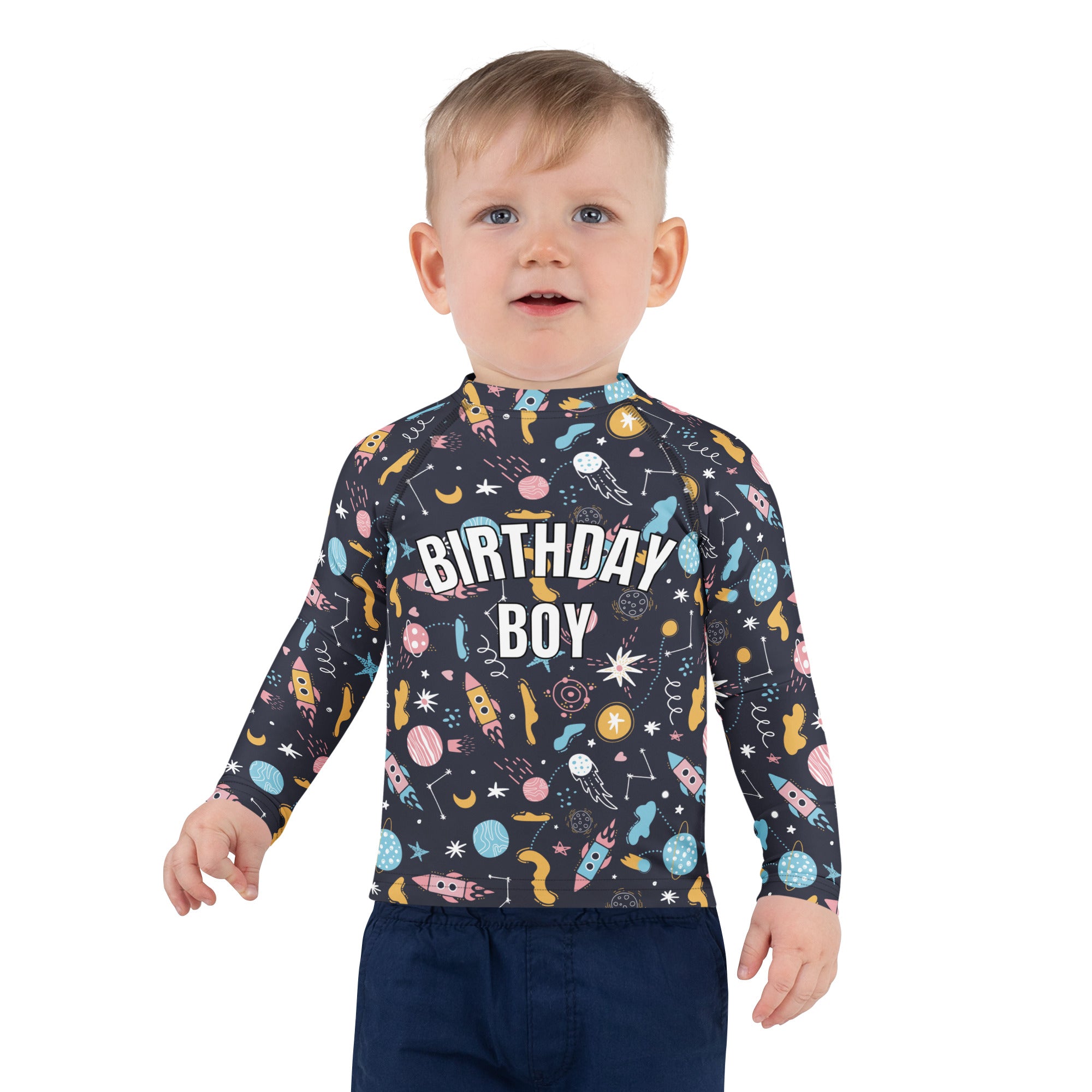 Birthday Boy Outer Space Long Sleeve Rash Guard Swim Shirt With UPF 50+