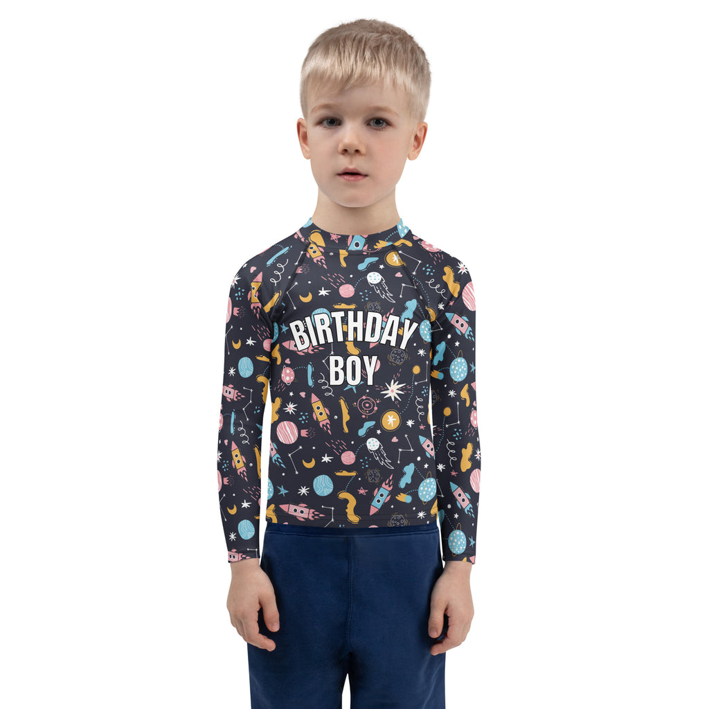 Birthday Boy Outer Space Long Sleeve Rash Guard Swim Shirt With UPF 50+