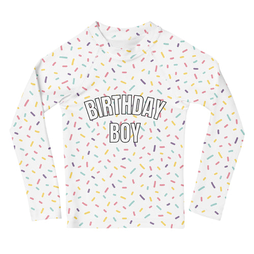 Birthday Boy Colorful Sprinkles Long Sleeve Rash Guard Swim Shirt With UPF 50+